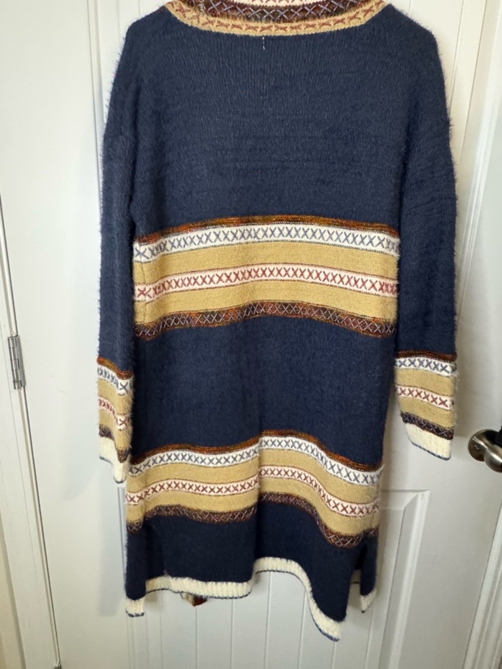 Janice Apparel Southwestern Boho Navy Longline Open Front Cardigan Sweater - Picture 3 of 5